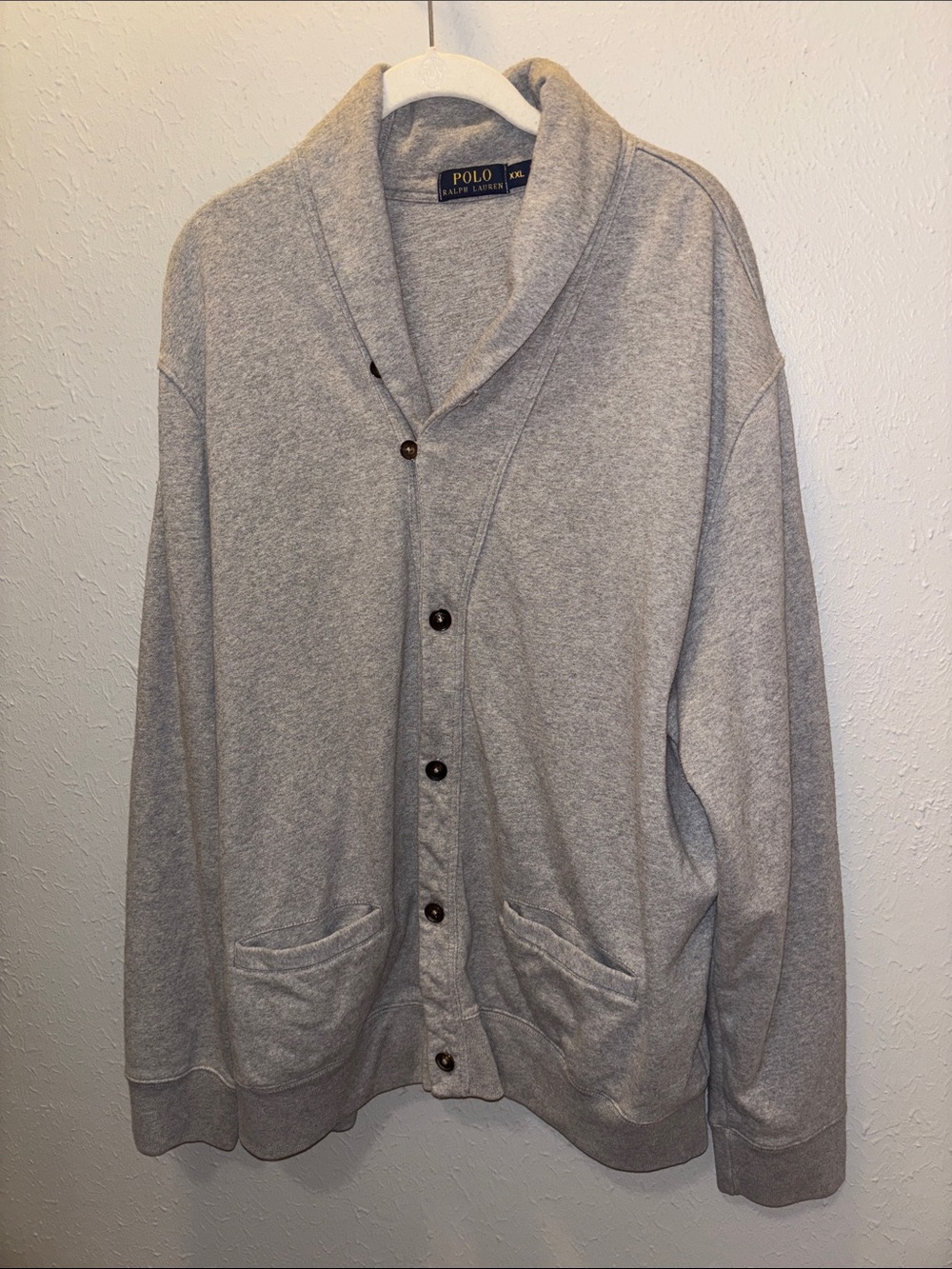 Polo Ralph Lauren Preppy Shawl Collar Cardigan Sweater Gray w Pockets Mens XXL